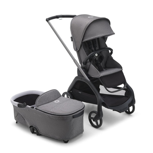 Karite Dragonfly City Stroller with Full-Size Baby Bassinet and Toddler Seat, One Hand Easy Fold in any Position, Full Suspension, Large Basket, Graphite Chassis and Grey Melange Sun Canopy