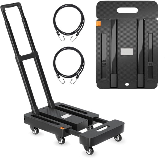 Karite Folding Hand Truck Dolly Cart, 500LB Heavy Duty Foldable Cart with 6 Wheels, Including 2 Rear Brake Wheels & 2 Elastic Ropes, Portable Dolly for Moving utility Luggage Travel/Home/Office Use