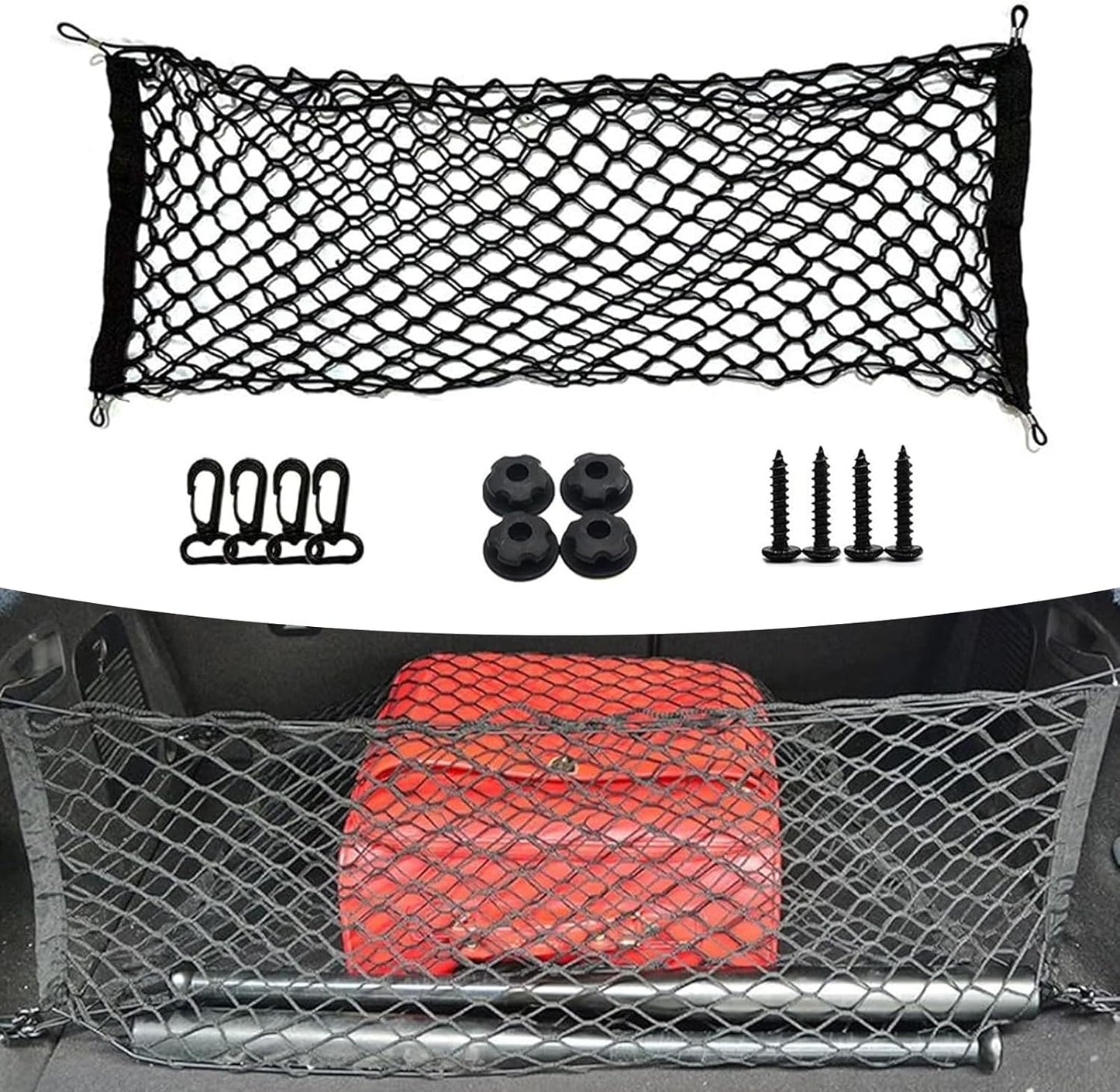 Karite Car Trunk Luggage Net, 43.3" x 15.74" Adjustable Elastic Dual Layer Flat-Lay Storage Net with Installation Tool, Vehicle Organizer Accessories, Suitable for SUVs Cars RVs Trailers (Black)