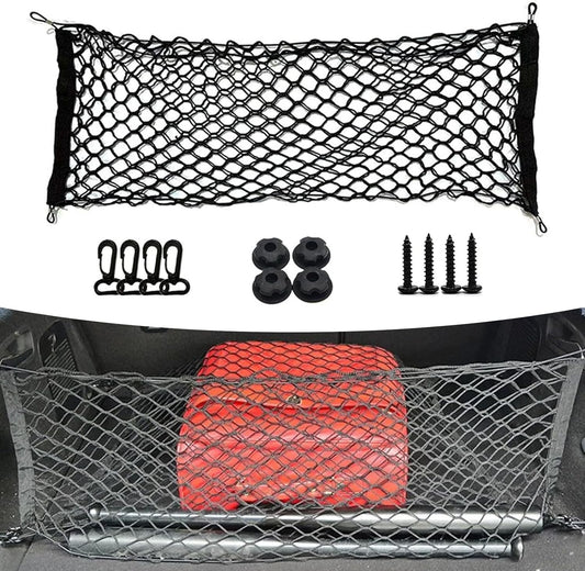 Karite Car Trunk Luggage Net, 43.3" x 15.74" Adjustable Elastic Dual Layer Flat-Lay Storage Net with Installation Tool, Vehicle Organizer Accessories, Suitable for SUVs Cars RVs Trailers (Black)