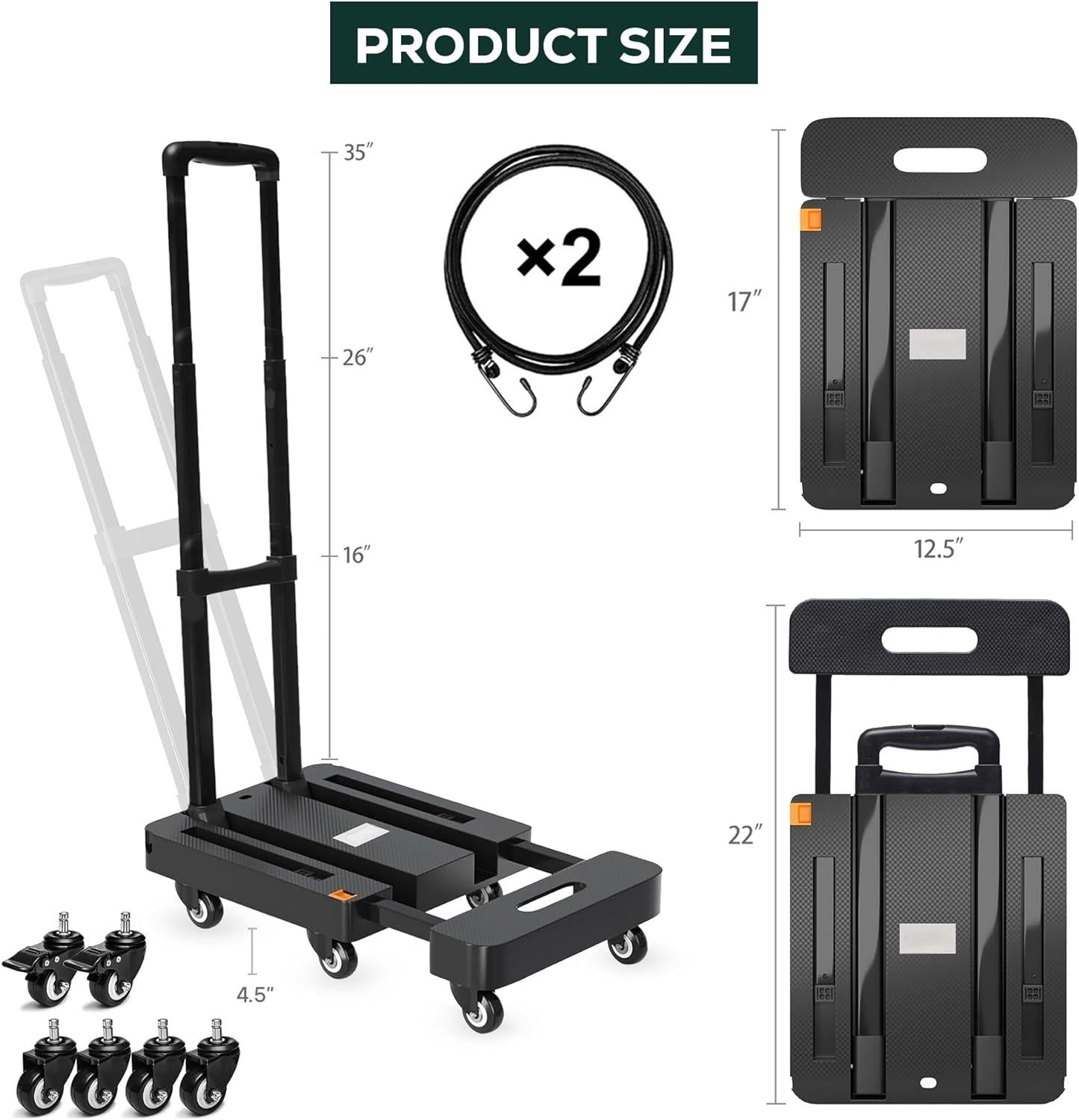 Karite Folding Hand Truck Dolly Cart, 500LB Heavy Duty Foldable Cart with 6 Wheels, Including 2 Rear Brake Wheels & 2 Elastic Ropes, Portable Dolly for Moving utility Luggage Travel/Home/Office Use