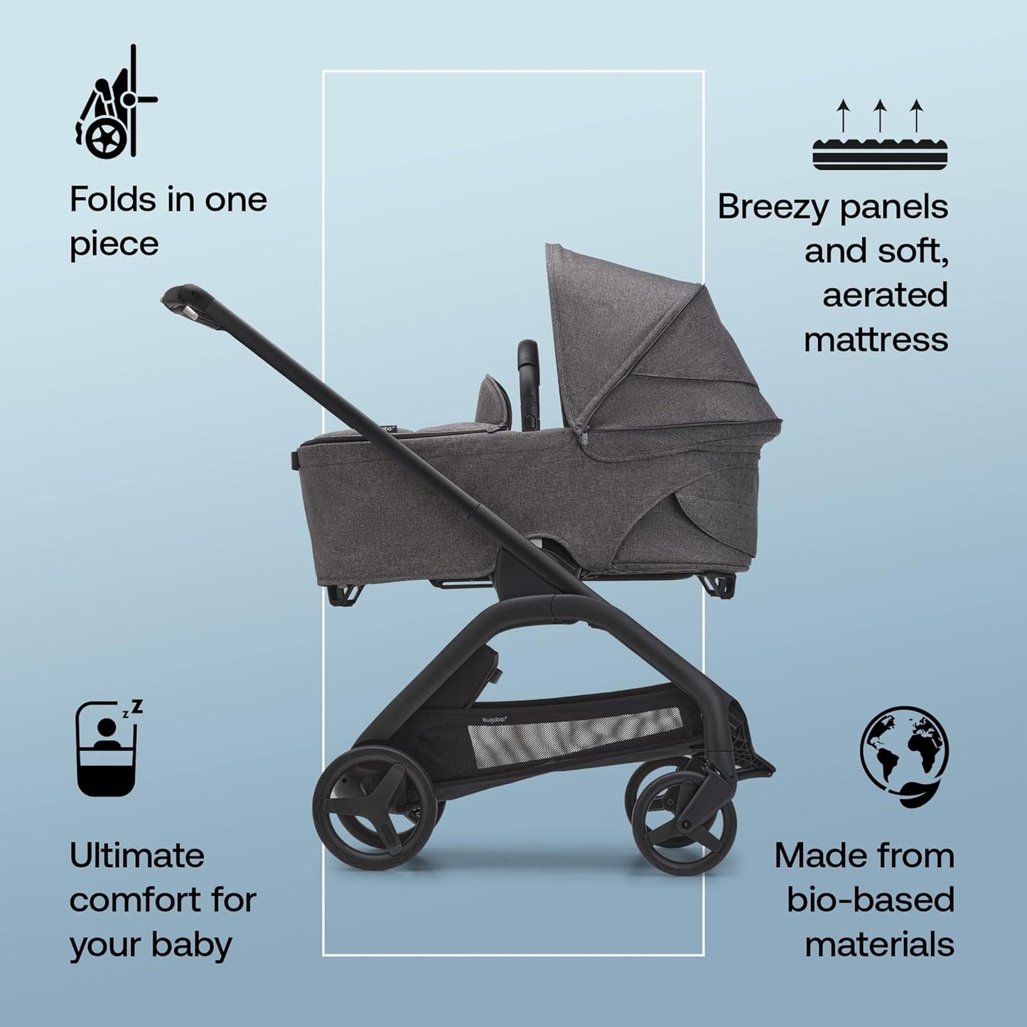 Karite Dragonfly City Stroller with Full-Size Baby Bassinet and Toddler Seat, One Hand Easy Fold in any Position, Full Suspension, Large Basket, Graphite Chassis and Grey Melange Sun Canopy