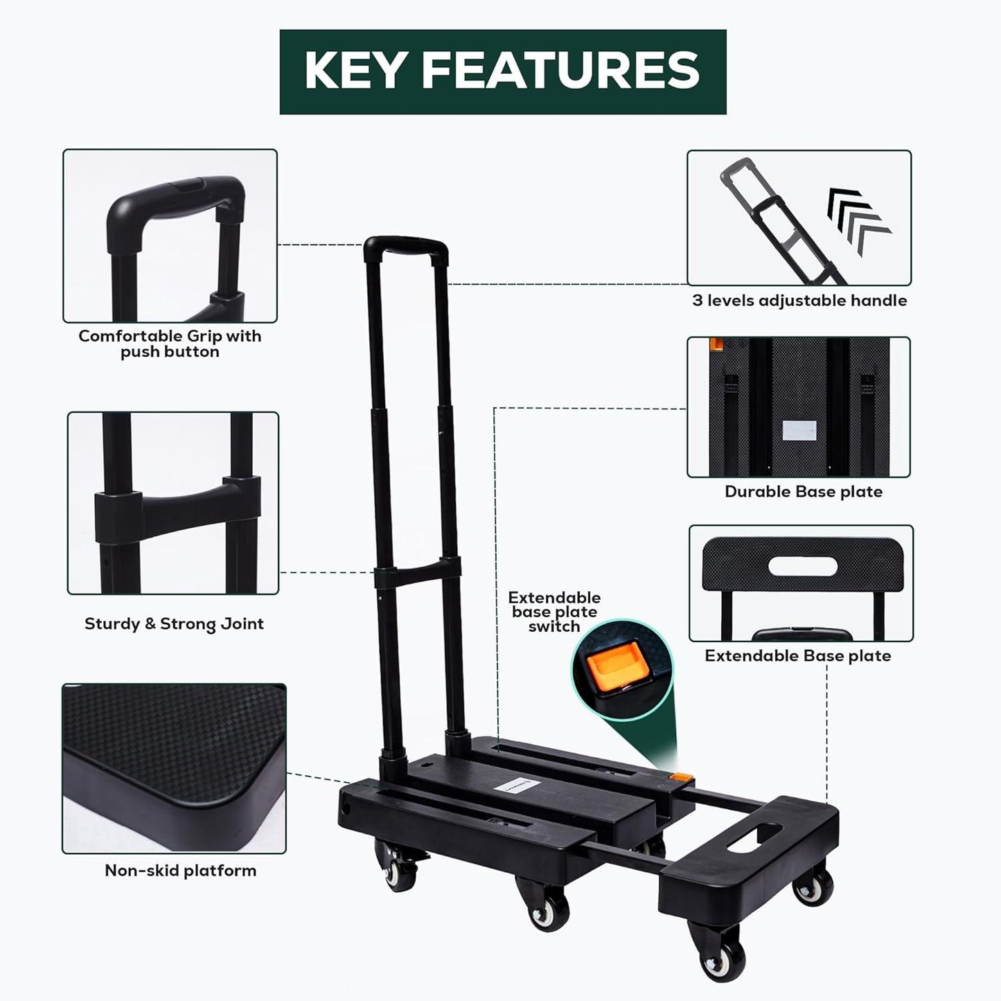 Karite Folding Hand Truck Dolly Cart, 500LB Heavy Duty Foldable Cart with 6 Wheels, Including 2 Rear Brake Wheels & 2 Elastic Ropes, Portable Dolly for Moving utility Luggage Travel/Home/Office Use