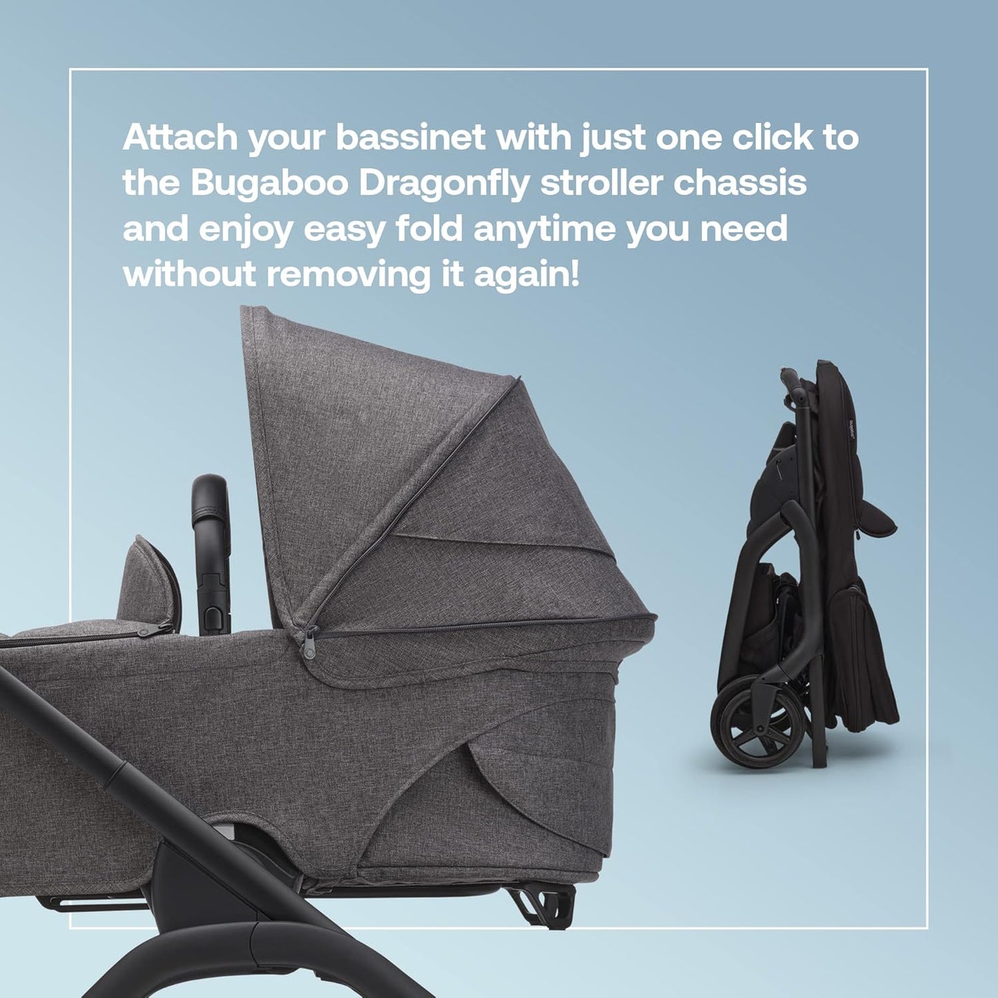 Karite Dragonfly City Stroller with Full-Size Baby Bassinet and Toddler Seat, One Hand Easy Fold in any Position, Full Suspension, Large Basket, Graphite Chassis and Grey Melange Sun Canopy