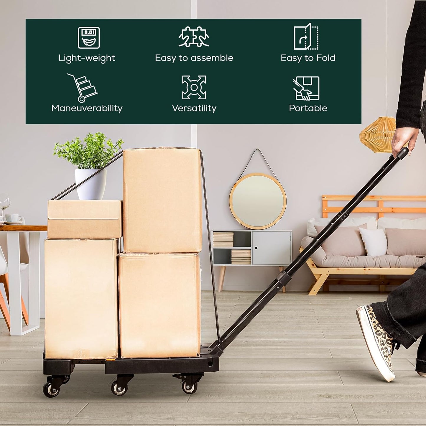 Karite Folding Hand Truck Dolly Cart, 500LB Heavy Duty Foldable Cart with 6 Wheels, Including 2 Rear Brake Wheels & 2 Elastic Ropes, Portable Dolly for Moving utility Luggage Travel/Home/Office Use