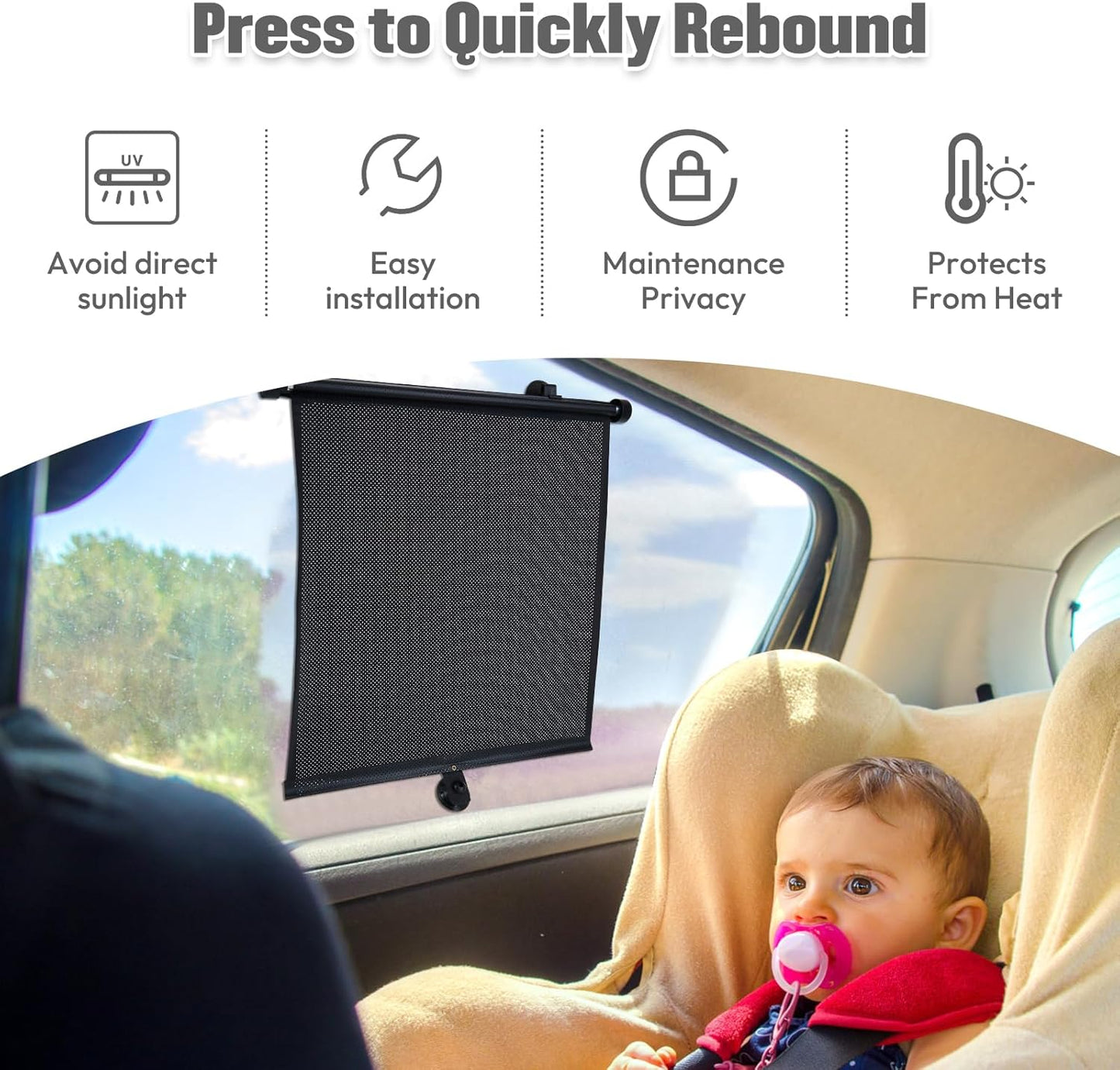 Karite 4 Pack Car Side Window Sun Shade - Retractable Car Roller Sunshadewith Reinforced Suction Cups, Drop Down UV Interior Sunshade, Stroller Window Sunshade (15" x 17")