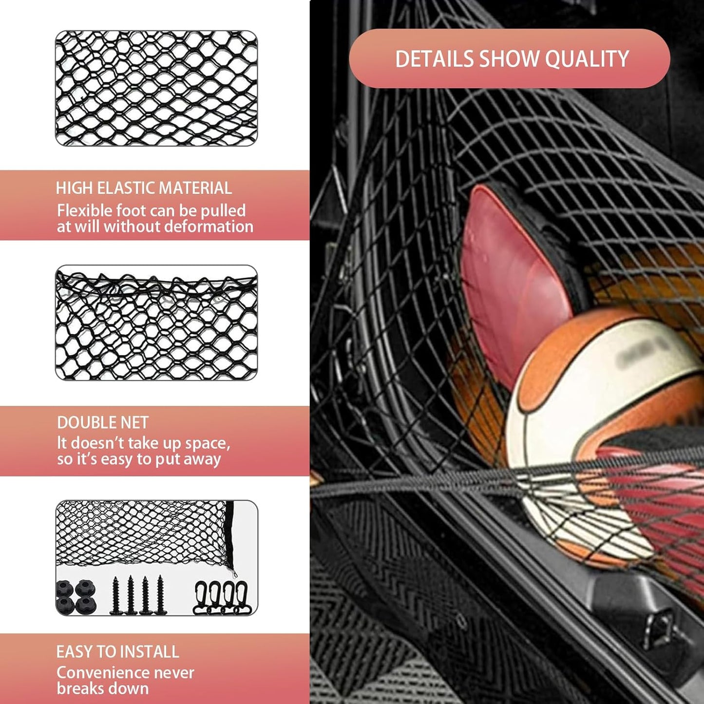 Karite Car Trunk Luggage Net, 43.3" x 15.74" Adjustable Elastic Dual Layer Flat-Lay Storage Net with Installation Tool, Vehicle Organizer Accessories, Suitable for SUVs Cars RVs Trailers (Black)